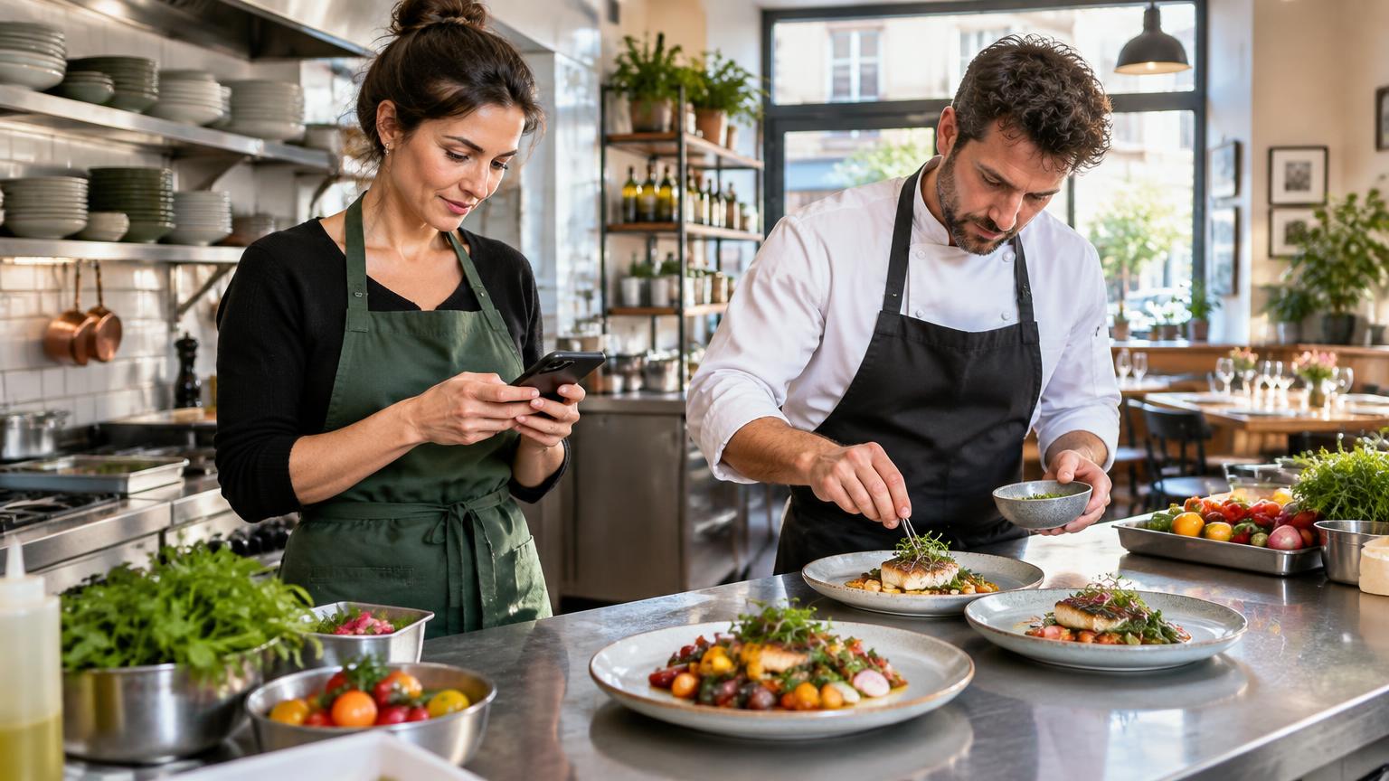 Illustration générée : une restauratrice consulte son téléphone pendant qu'un chef termine un plat